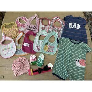 Mix Lot Of Baby Girl Items. Bibs Socks Head Band Beanie Rompers 18-24 Month Gap